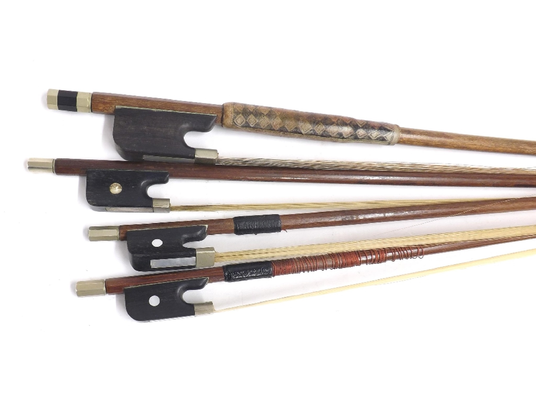 Appraisal: Old nickel mounted double bass bow and three nickel mounted