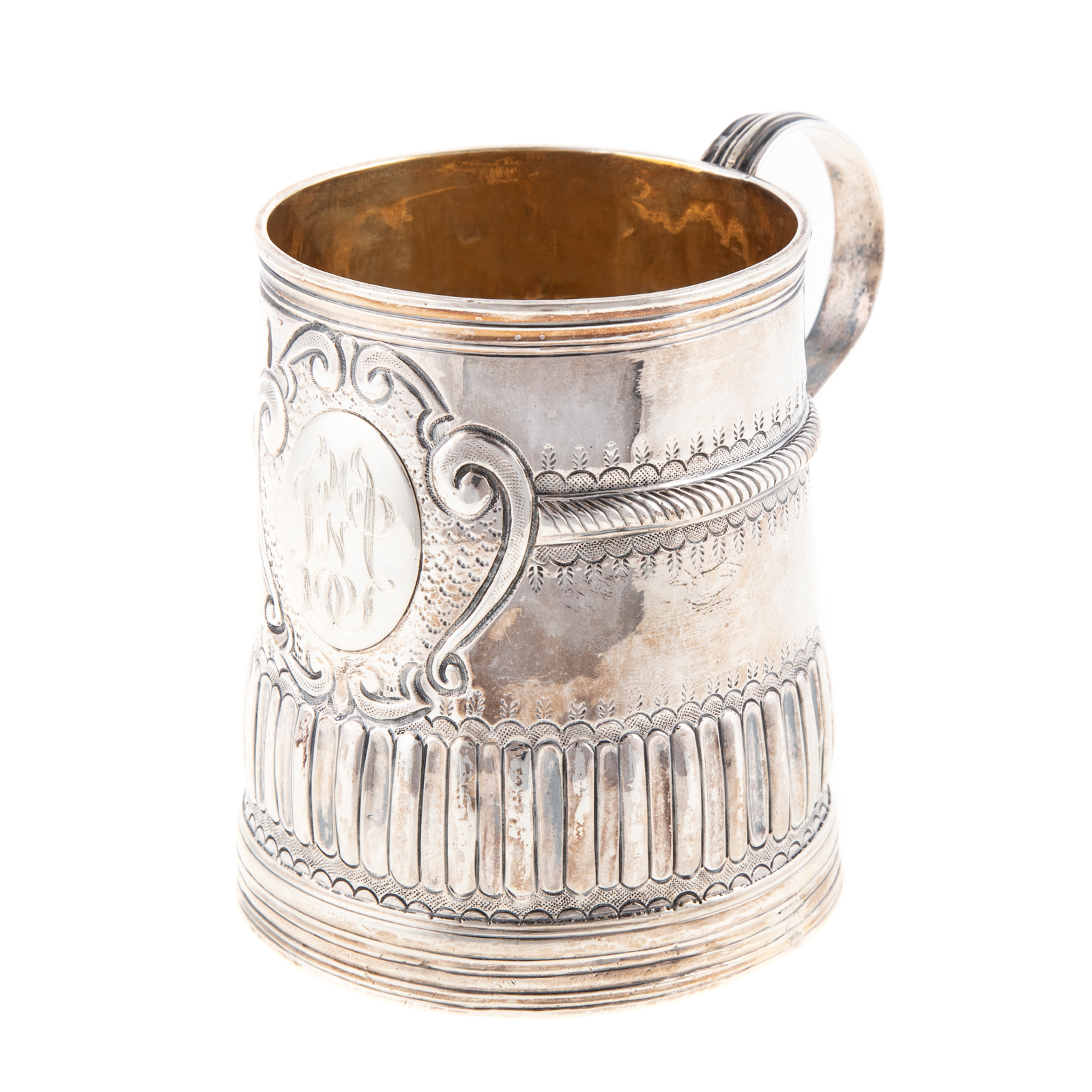 Appraisal: QUEEN ANNE SILVER CANN London with later repousse decoration featuring