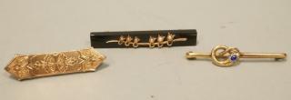 Appraisal: pc Victorian Gold Bar Pins Onyx w seed pearls snake