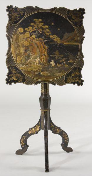 Appraisal: Chinoiserie Decorated Candlestand mid- th century tilt-top form overall black