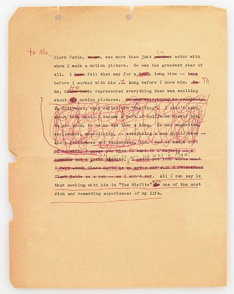 Appraisal: A Marilyn Monroe annotated script relating to Clark Gable A