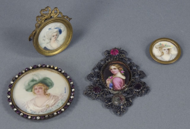 Appraisal: Four Hand-Painted Portrait MiniaturesIncluding one with flowing gown and large