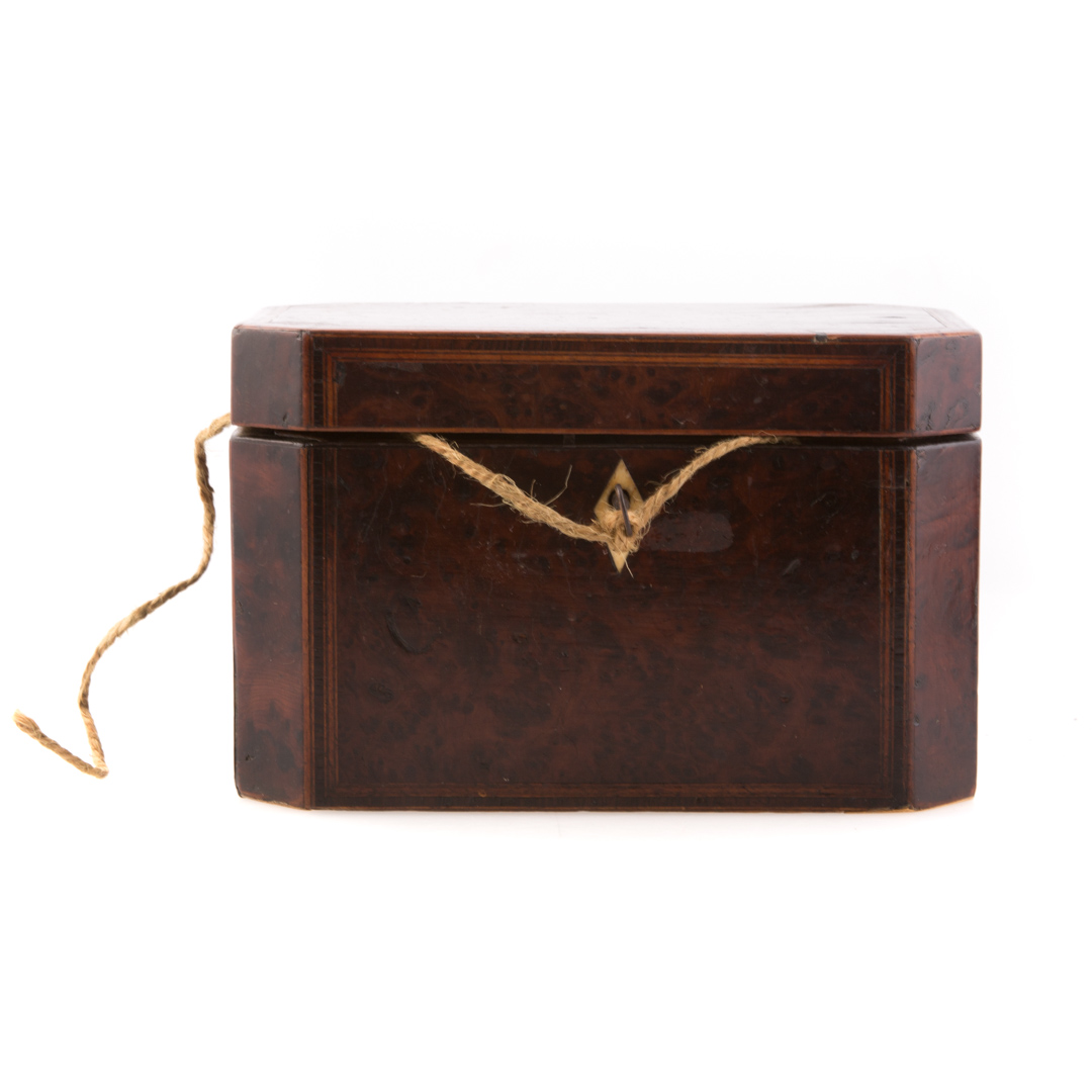 Appraisal: George III burl walnut inlaid tea caddy circa with canted