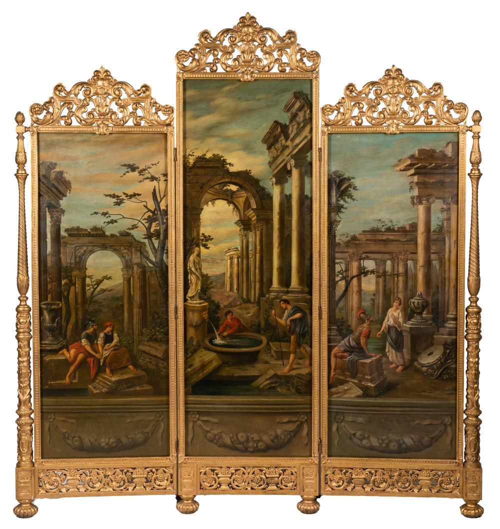 Appraisal: THREE-FOLD FLOOR SCREENpainted canvas panels in a giltwood frame the