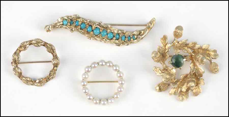 Appraisal: FOUR KARAT YELLOW GOLD BROOCHES Comprised of a pearl wreath