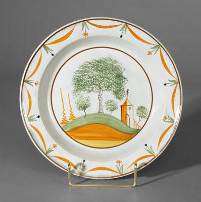 Appraisal: Spatterware plate green-sponged tree in hilly landscape with church tassel