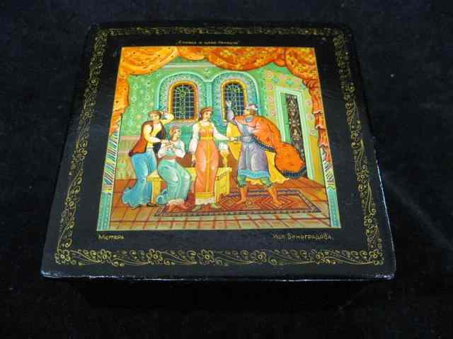 Appraisal: Russian Lacquerware Box fairy tale scene signed titled '' square