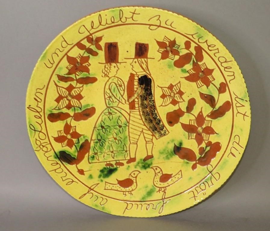 Appraisal: FOLK ART SGRAFFITO DECORATED REDWARE CHARGER BY BRca dated slab