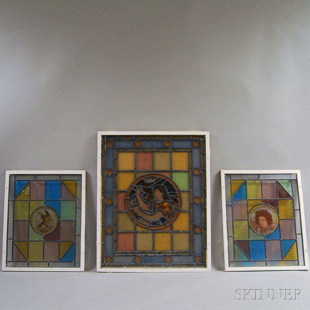 Appraisal: Three Stained Glass Windows two in a rectangular frame with