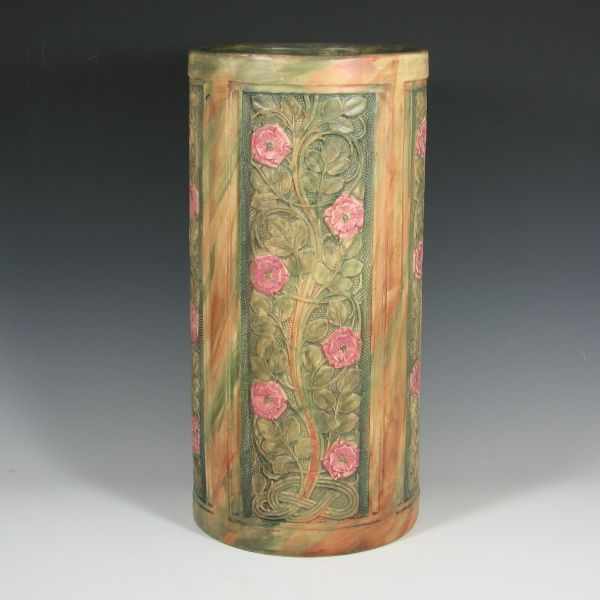 Appraisal: Weller Flemish umbrella stand with four panels of pink roses