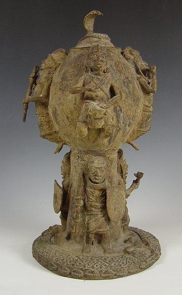 Appraisal: AFRICAN BENIN BRASS FIGURAL FIRE POT SCULPTURE '' h circa