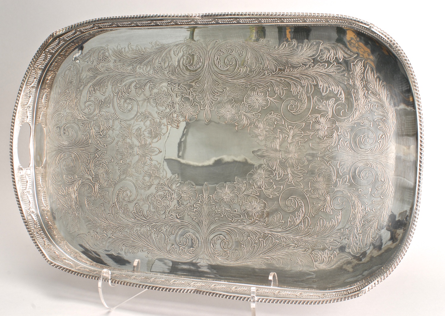 Appraisal: ENGLISH SILVER PLATED GALLERIED-EDGE TRAY marked Made in England Sheffield