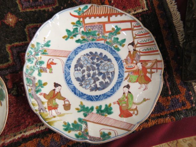 Appraisal: Oriental Imari Porcelain Plates handpainted scenes with workers central blue