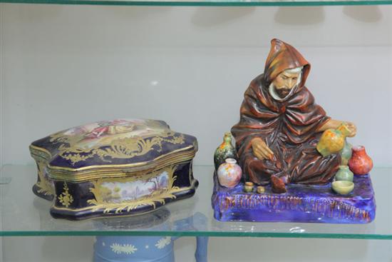 Appraisal: TWO PIECES A handpainted ceramic jewelry box depicting a classical