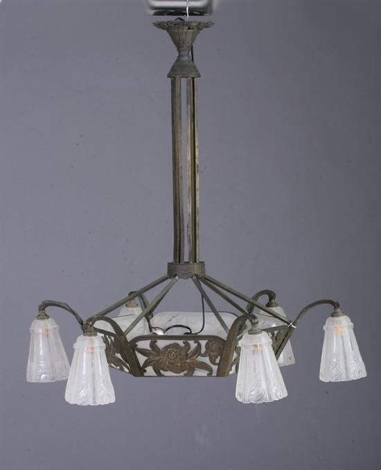 Appraisal: ART NOUVEAU PATINATED METAL AND CRYSTAL SIX-LIGHT CHANDELIER early th