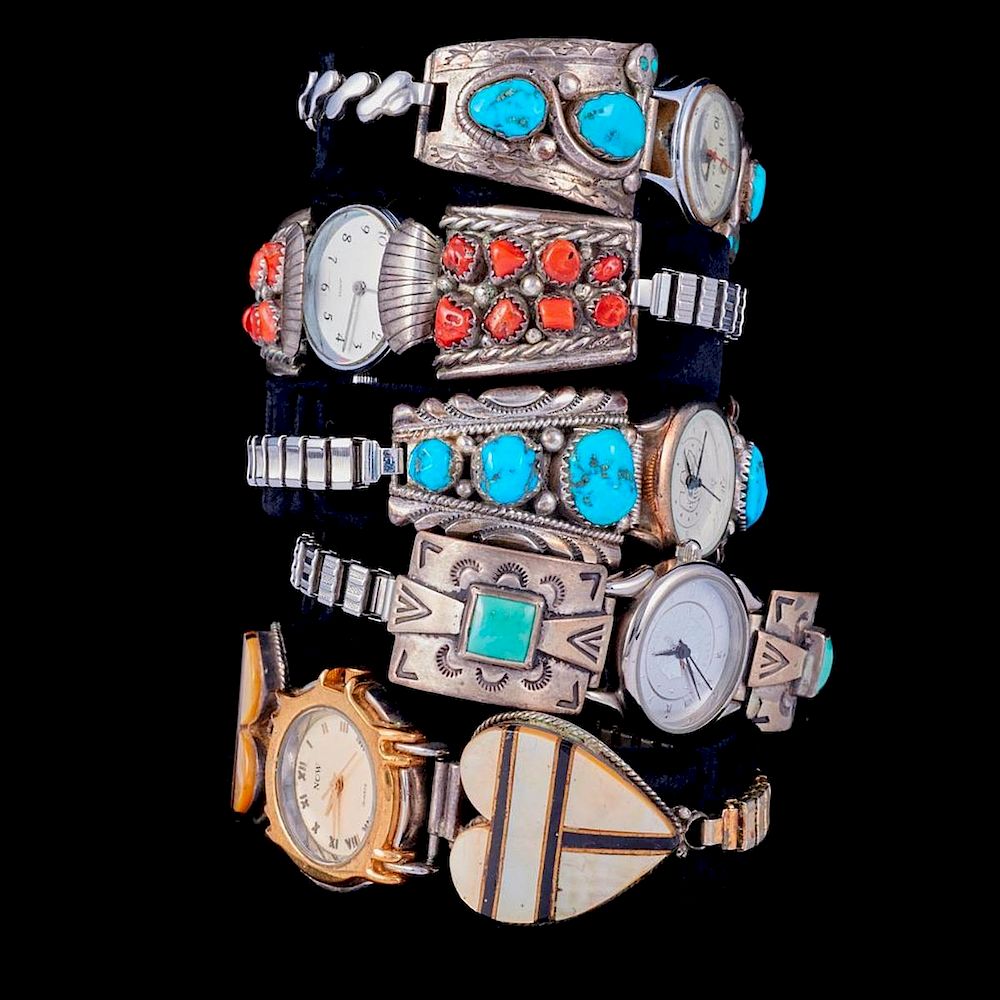 Appraisal: NAVAJO WATCH BANDS Five Vintage old pawn Southwest turquoise coral