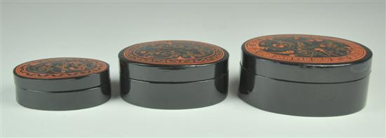 Appraisal: Three Lacquer Boxes Late th Century Black oval nesting boxes