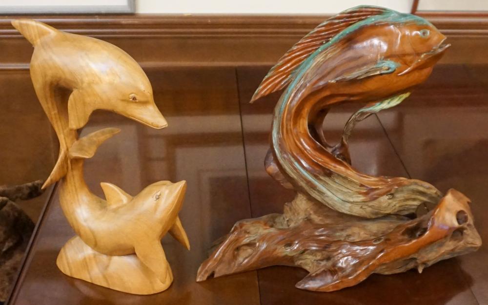 Appraisal: TWO CARVED WOOD FIGURES OF DOLPHINS AND FISH H IN