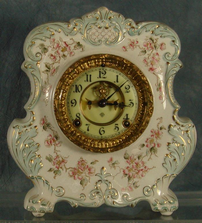 Appraisal: Ansonia china case clock light blue trim with pink flowers