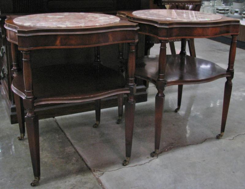 Appraisal: Pair of period-style mahogany end tables with round marble insert