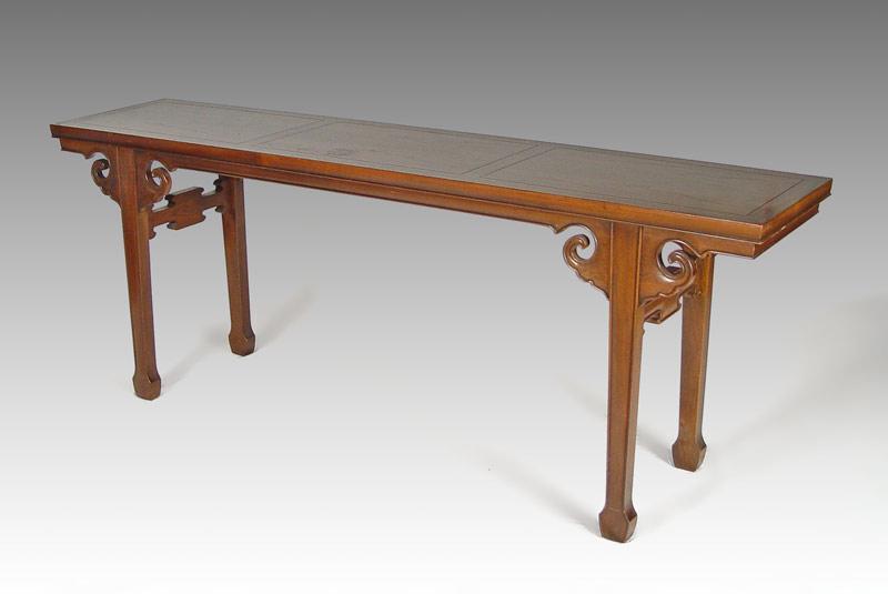 Appraisal: BAKER ASIAN STYLE SOFA TABLE Simple scroll and straight-leg design