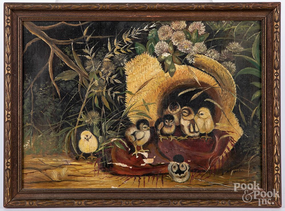 Appraisal: Oil on canvas chicks in a straw hat Oil on