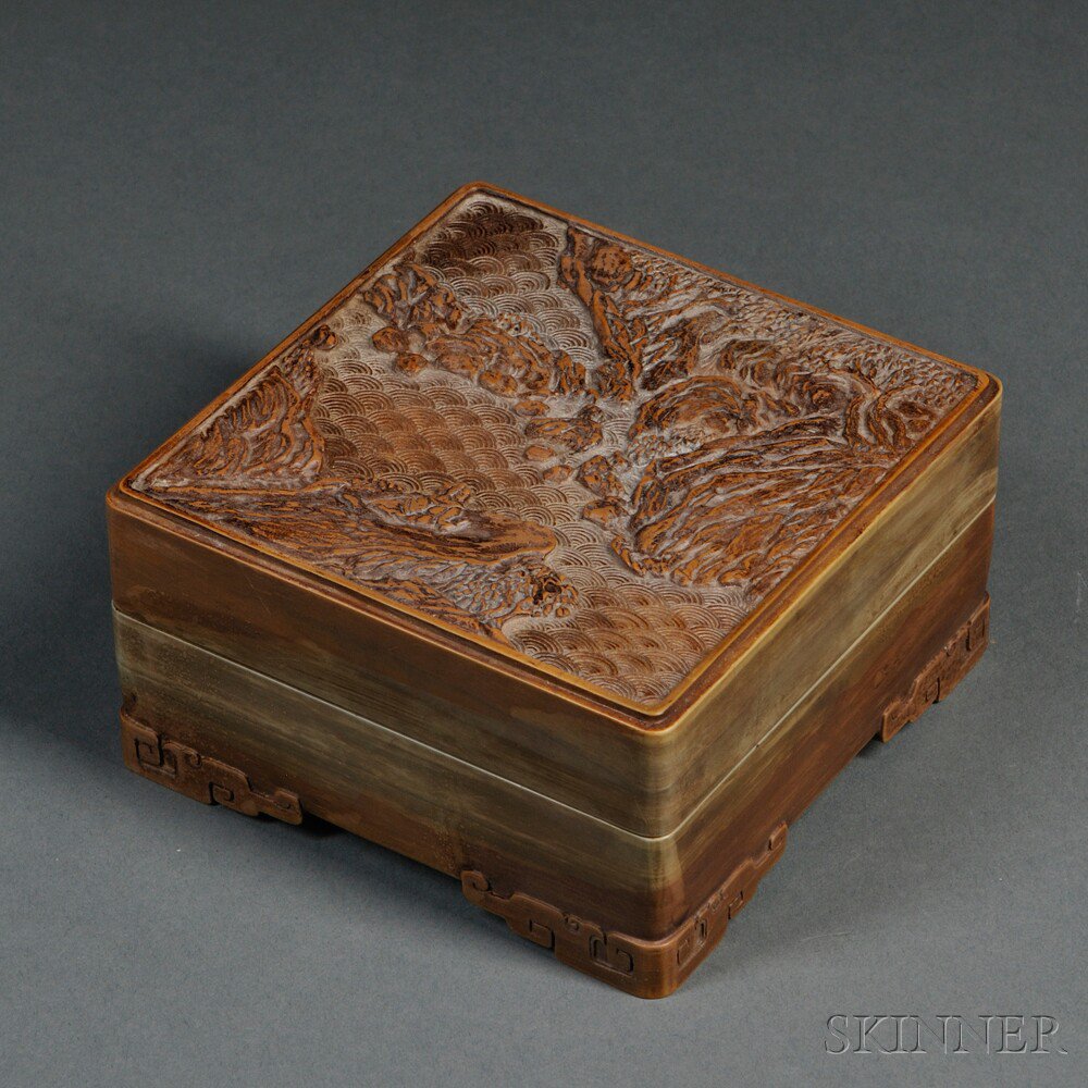 Appraisal: Soapstone Covered Box China square the cover carved with distant