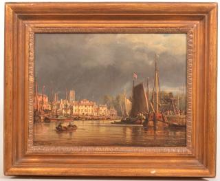 Appraisal: European Harbor Scene Oil on Canvas Painting th Century Oil