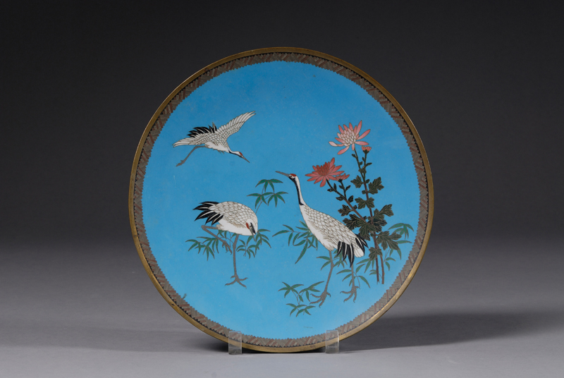 Appraisal: Cloisonne Plate Japan late th century three cranes and chrysanthemum