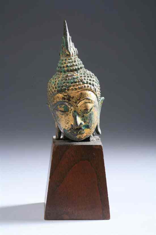 Appraisal: THAI GILT BRONZE HEAD OF BUDDHA Ayuthaya period - in