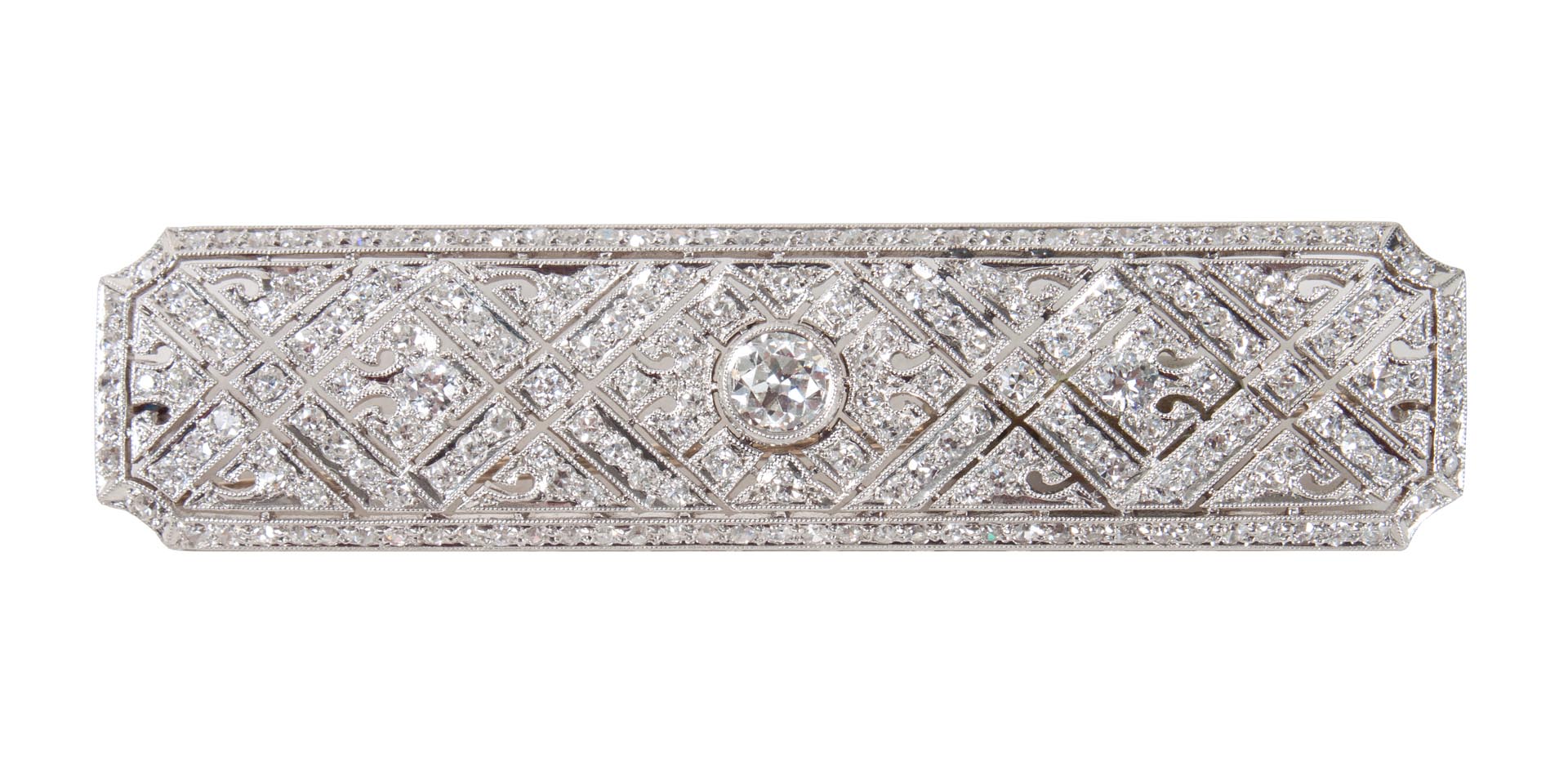 Appraisal: Platinum diamond filigree bar brooch in W grams including pin