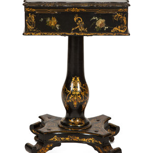 Appraisal: An English Victorian Black and Gilt Chinoiserie Sewing Table with