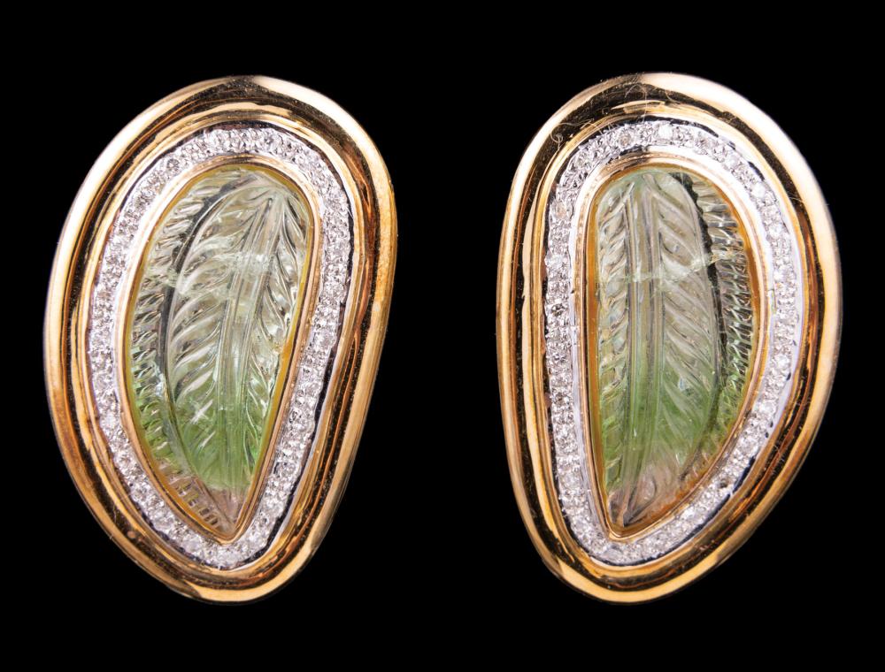 Appraisal: Pair of kt Yellow Gold Carved Tourmaline and Diamond Earrings