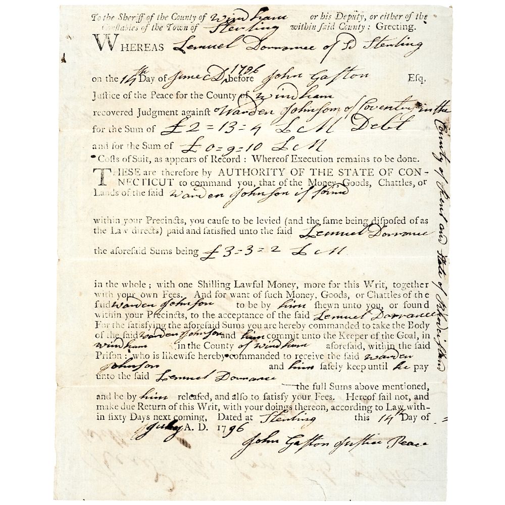 Appraisal: Connecticut Arrest Warrant July Post-Revolutionary War to Civil War State