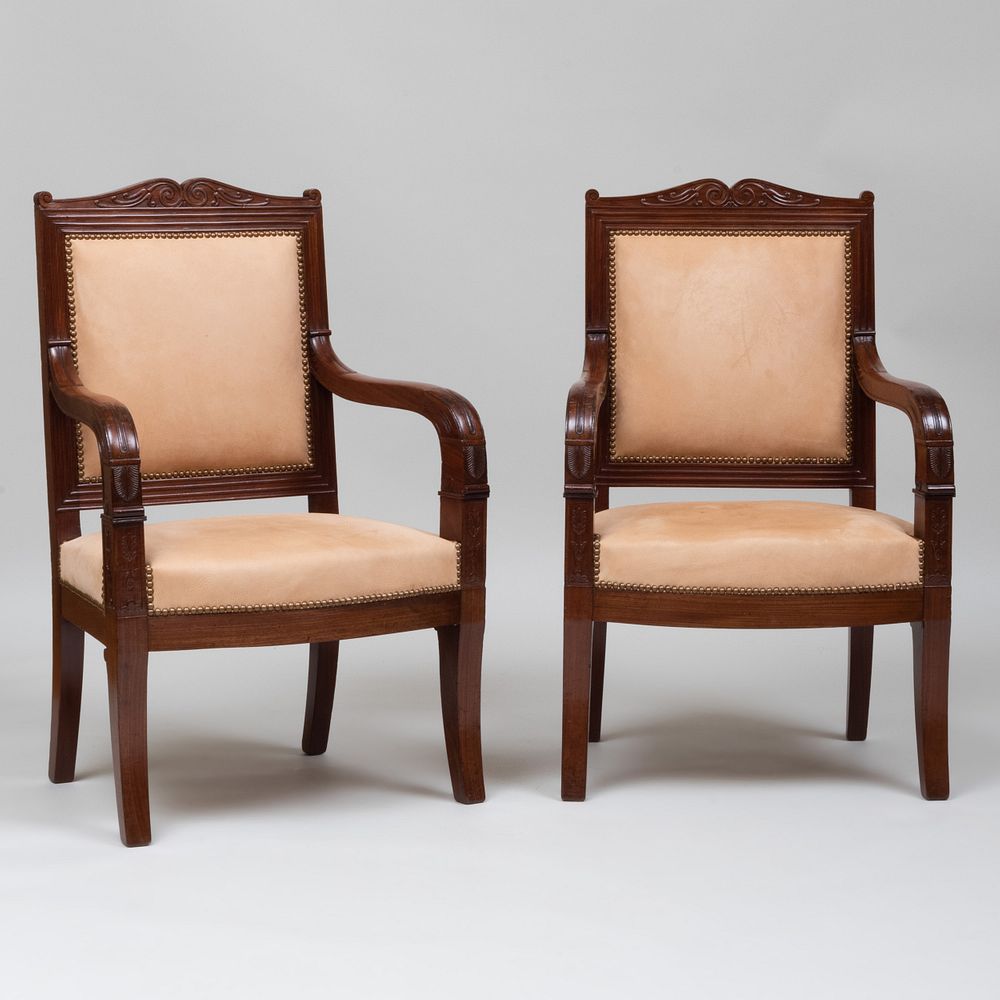 Appraisal: Pair of Empire Mahogany Fauteuils la Reine x x in