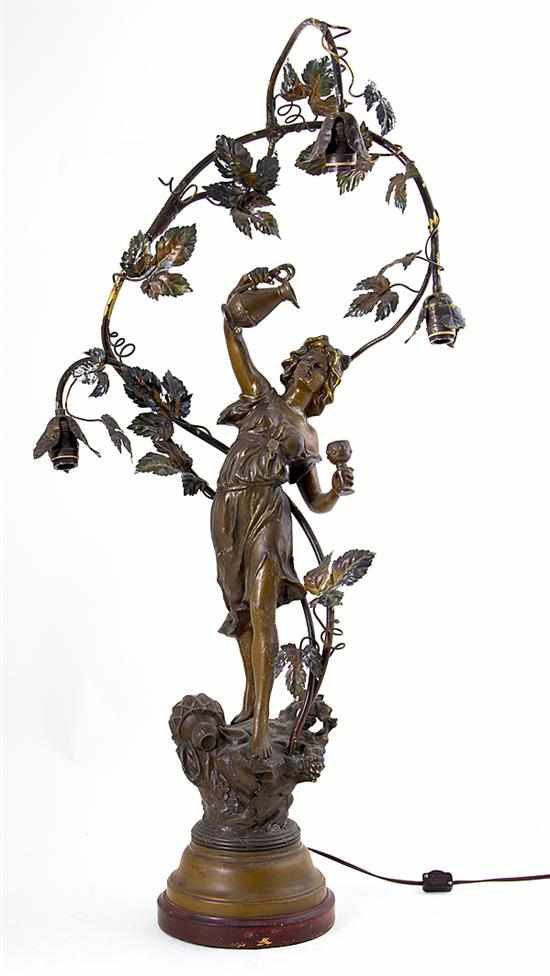 Appraisal: Art Nouveau painted-metal figural newel post lamp circa young maiden