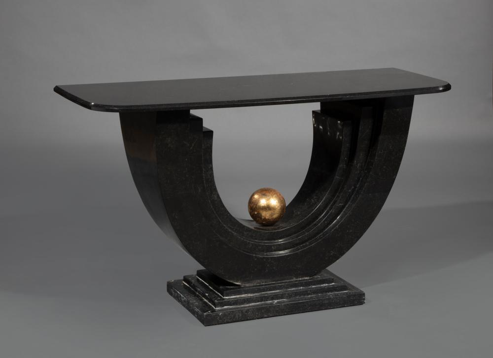 Appraisal: Art Moderne-Style Black Granite-Veneered Console Table U-shaped base centered by