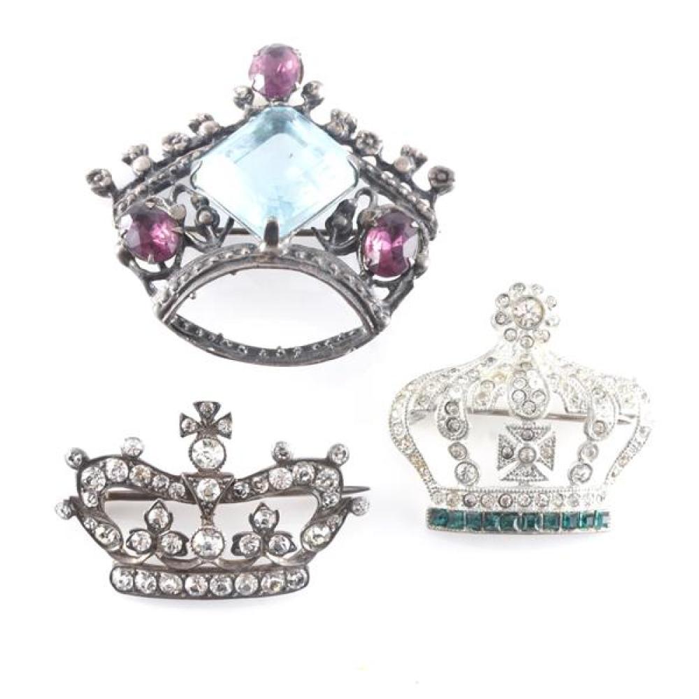 Appraisal: THREE UNSIGNED OPENWORK CROWN PINS SMALLEST STERLING DIAMANTE MEDIUM WITH