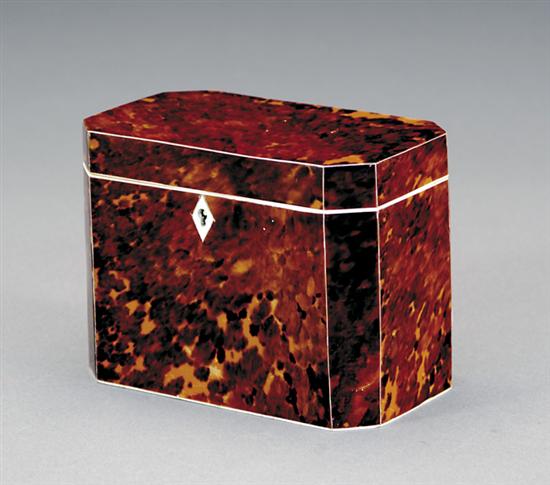 Appraisal: Regency style tortoise tea caddy rectangular form with canted corners