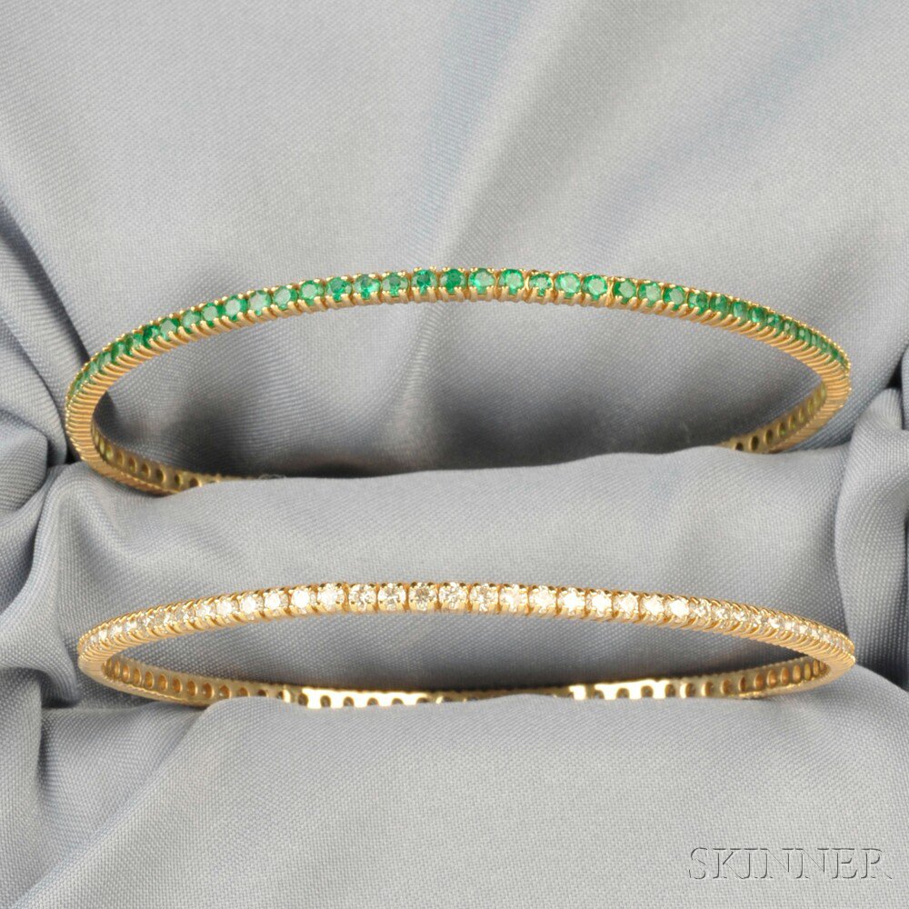 Appraisal: Two kt Gold Gem-set Bangle Bracelets one set with circular-cut