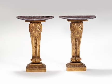 Appraisal: Pair of giltwood console tables The rouge demilune marble tops