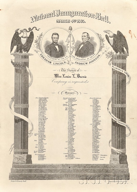 Appraisal: Lincoln and Johnson Second Inauguration Invitation Engraved invitation with original