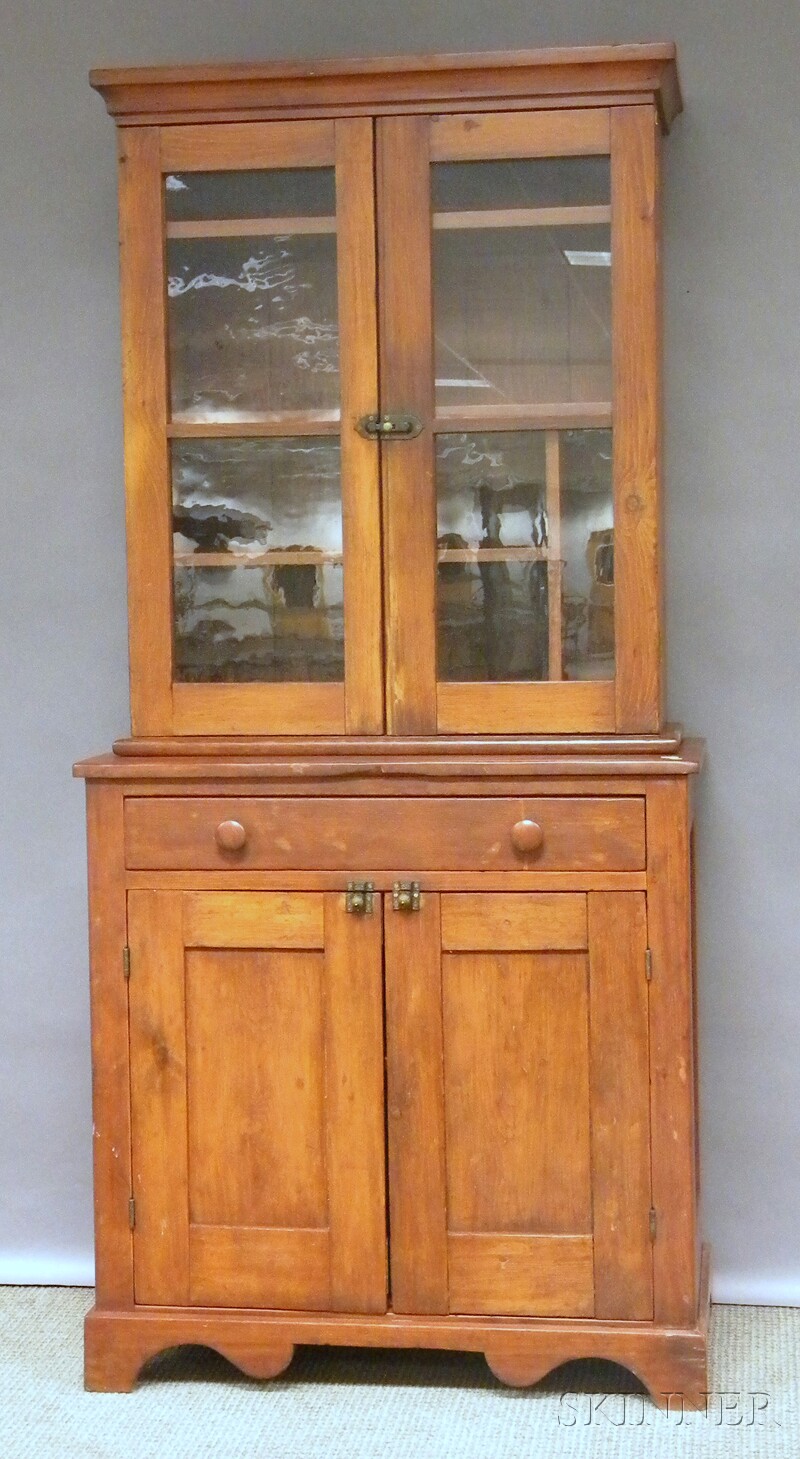 Appraisal: Country Glazed Pine Step-back Cupboard in two parts ht wd