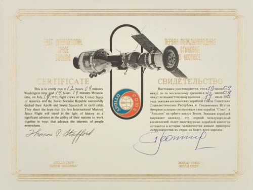 Appraisal: First International Space Docking Certificate Signed by Thomas Stafford and