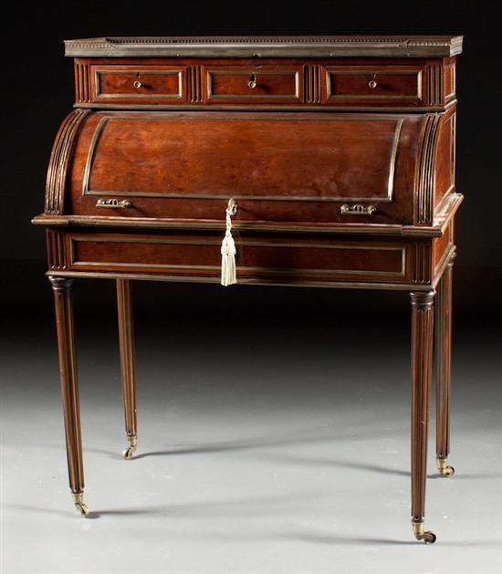 Appraisal: Napoleon III brass-mounted mahogany marble top bureau a cylindre third