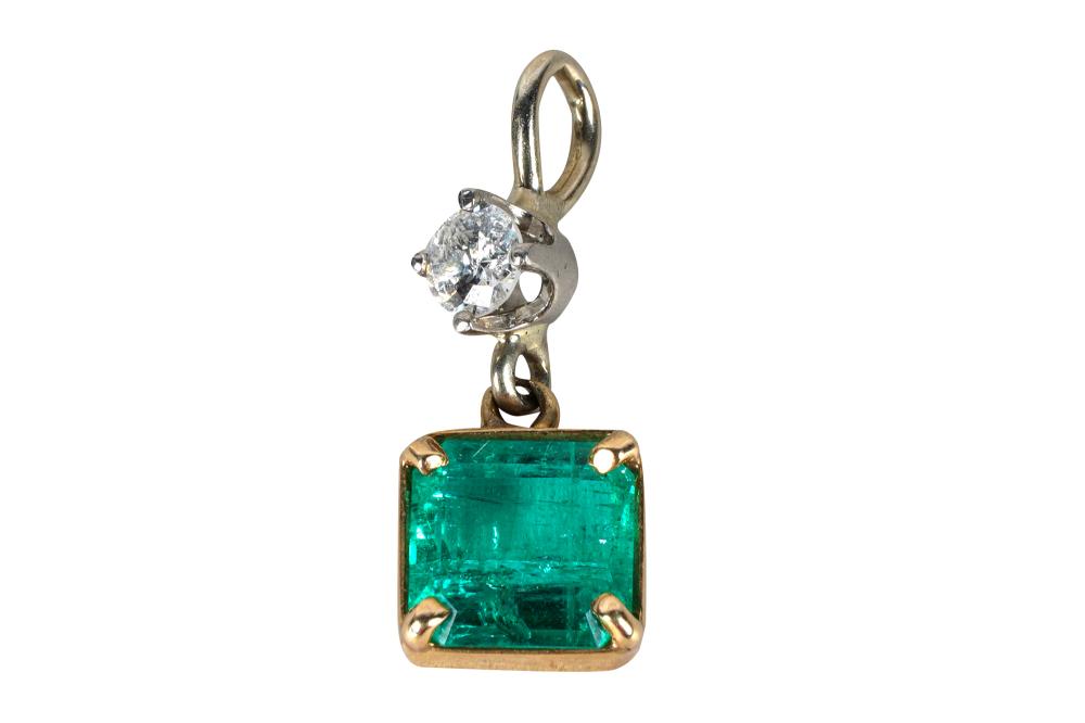 Appraisal: KARAT GOLD DIAMOND EMERALD PENDANTcentering one rectangular step cut heavily