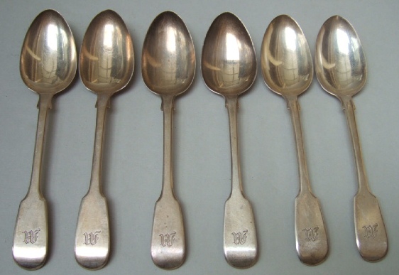 Appraisal: A set of six silver fiddle pattern dessert spoons initialed