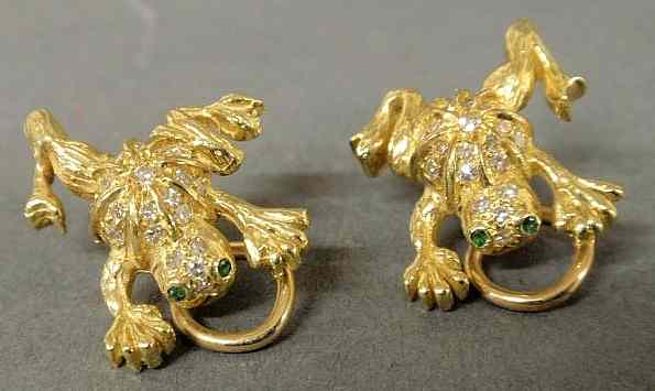 Appraisal: Pair of frog clip-back earrings k yg with emerald eyes