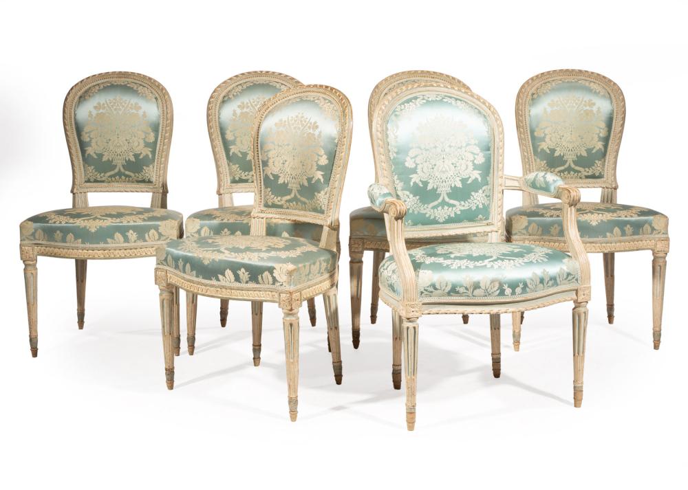 Appraisal: Six Louis XVI-Style Bleu and Creme Peinte Dining Chairs incl