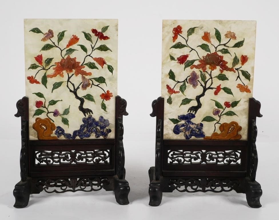 Appraisal: Pair of Chinese jade and hard stone table screen with